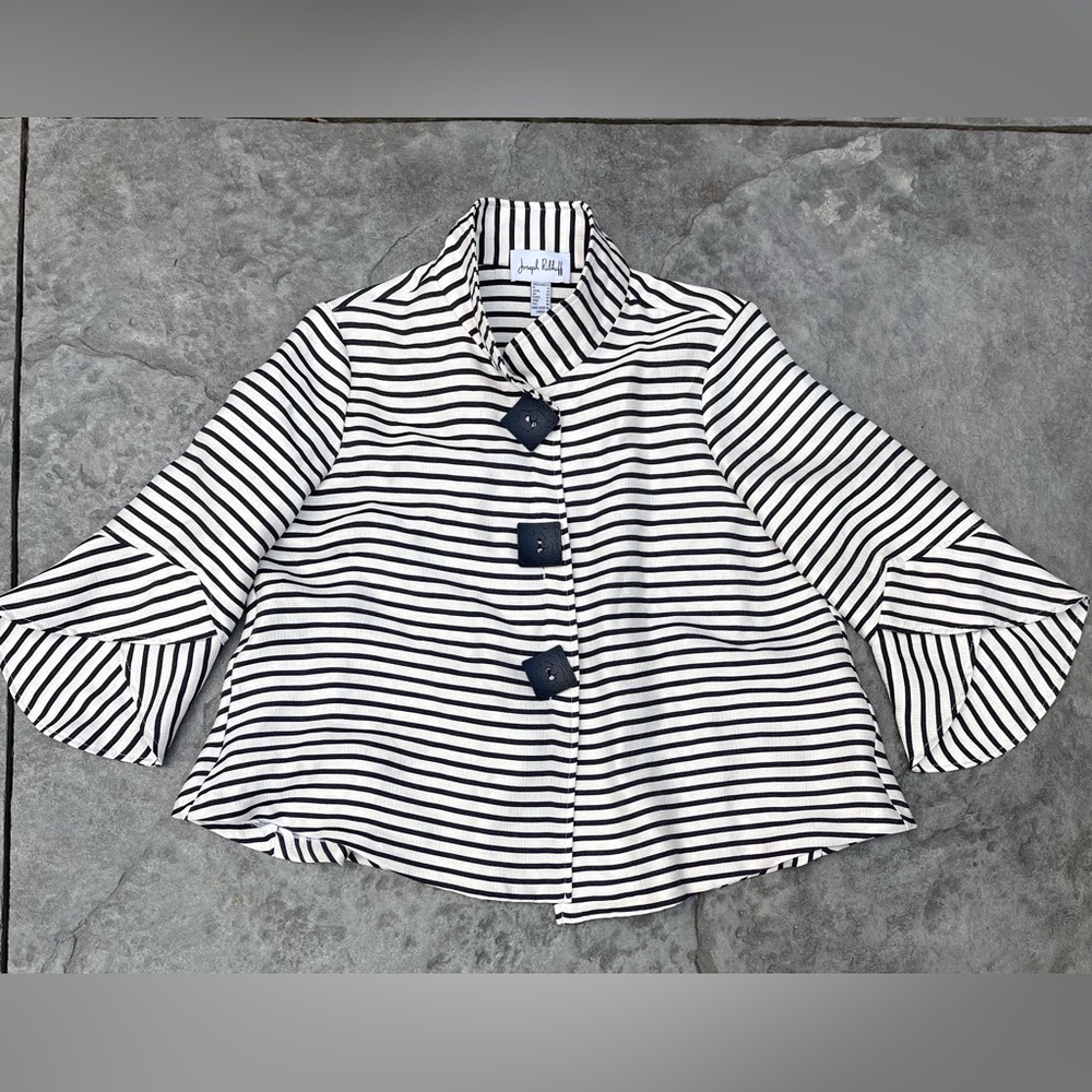 Joseph Ribkoff Black and White Striped Bell-Sleeve Button-Front  jacket - Picture 6 of 11